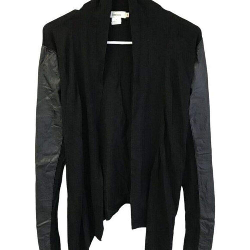 Neiman Marcus Women's Black Genuine Leather Sleeve Cardigan Size M Open Front